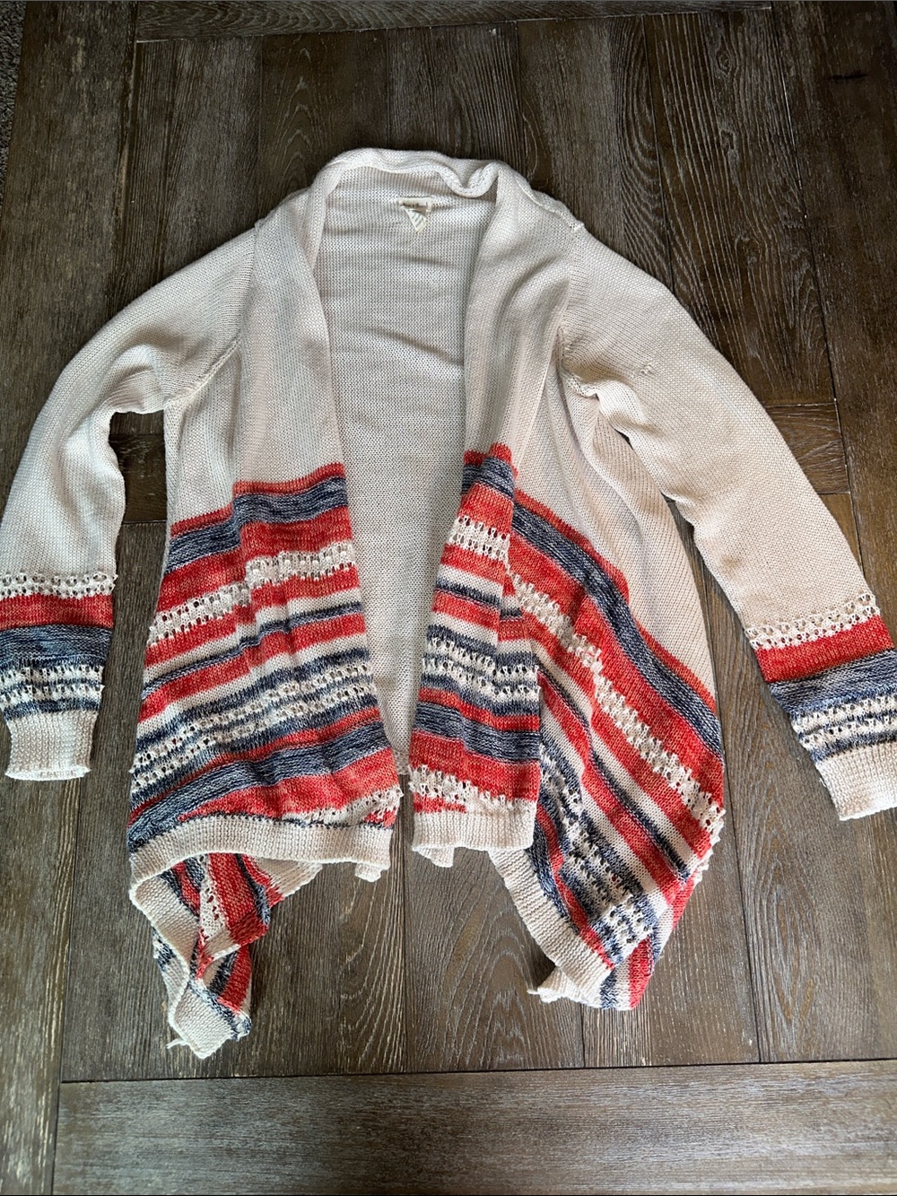 Hem & Thread Cream Open-Front Cardigan with Red & Blue Stripes Large